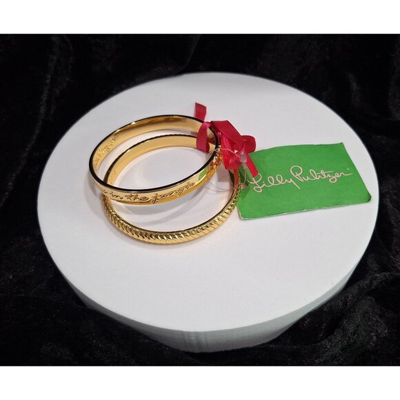 NEW Lilly Pulitzer Gold Tone "What Happens In The Jungle" Bangle Bracelet Set - Picture 1 of 9
